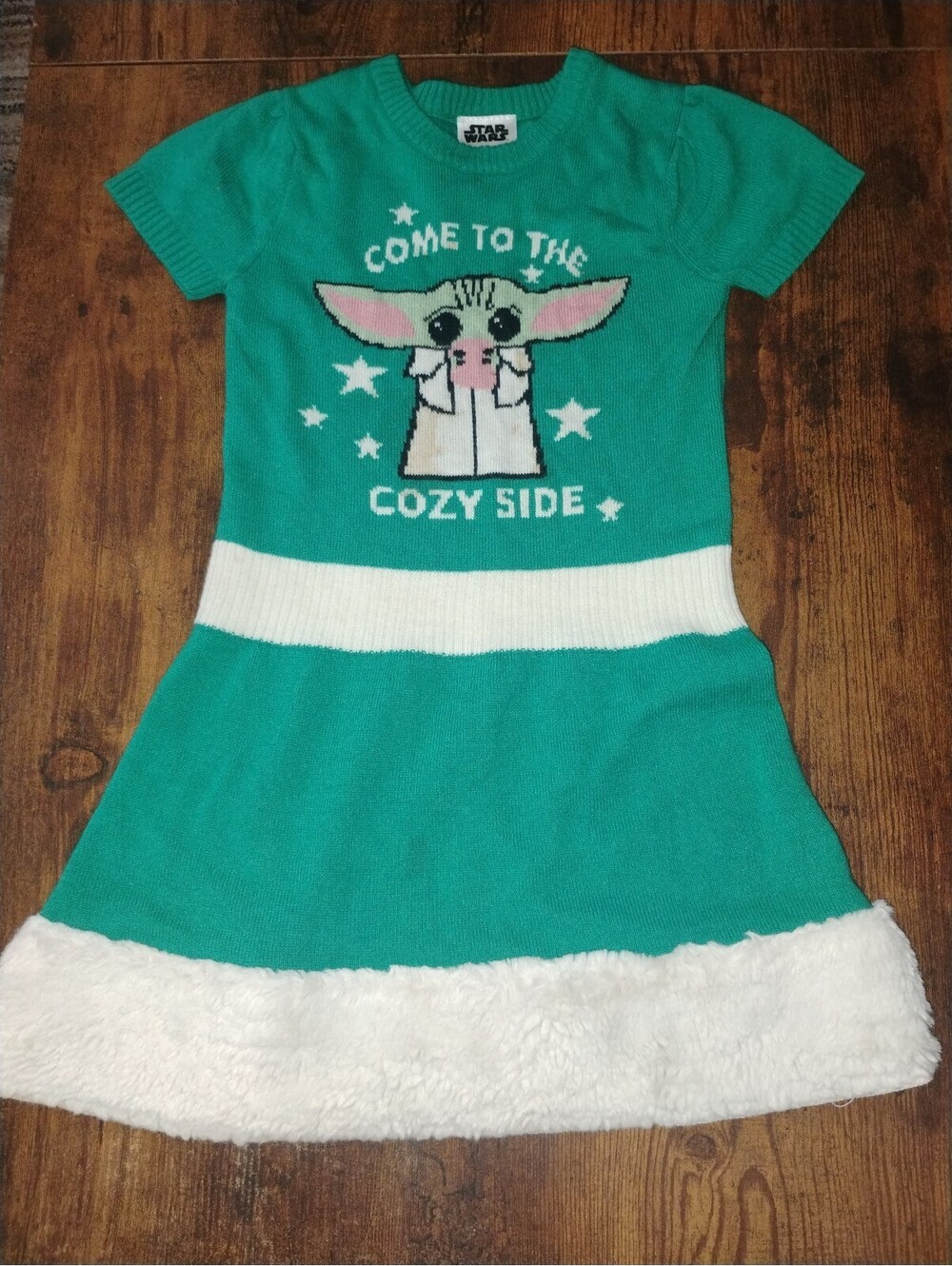 Star Wars Baby Yoda Cozy Side Green Knit Dress with Faux Fur Trim Size XS 4-5